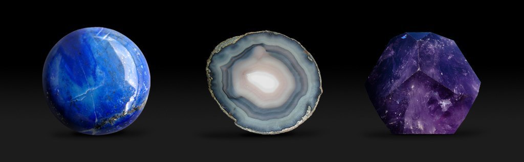 Izda: Lapizl�zuri, Centro: Cuarzo, Dcha: Amatista.